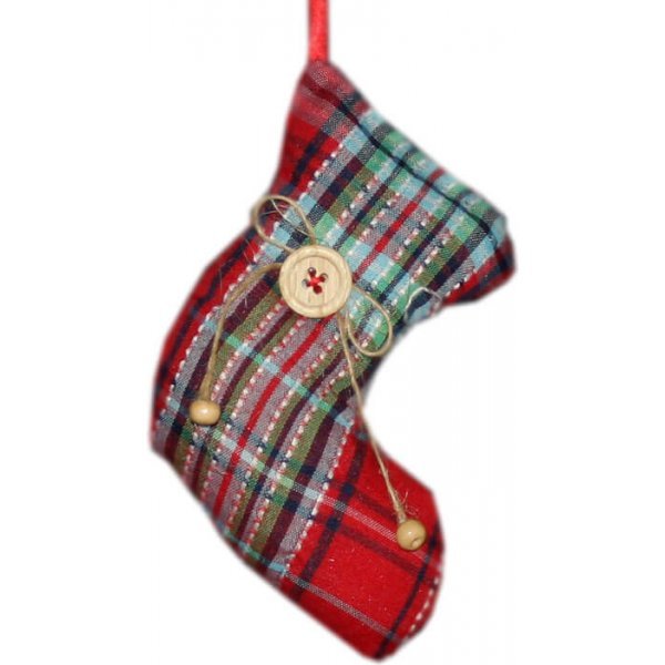 Χριστουγεννιάτικη Κρεμαστή Υφασμάτινη Κάλτσα, Κόκκινο Καρό με Κουμπί (12cm)